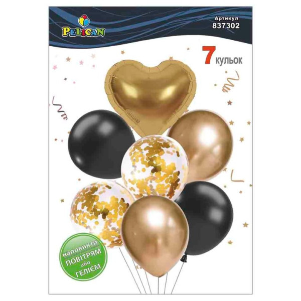 Кульки повітряні "Pelican" /837302/ латексні "Серце, золотий мікс з хромом" 7шт/уп