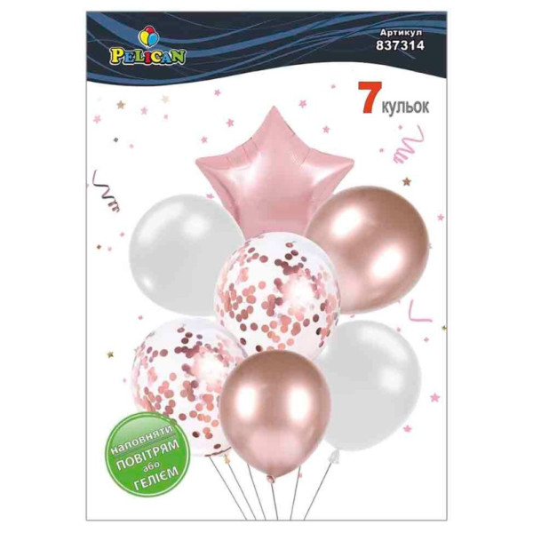 Кульки повітряні "Pelican" /837314/ латексні "Зірка, біло- рожевий мікс з хромом" 7шт/уп