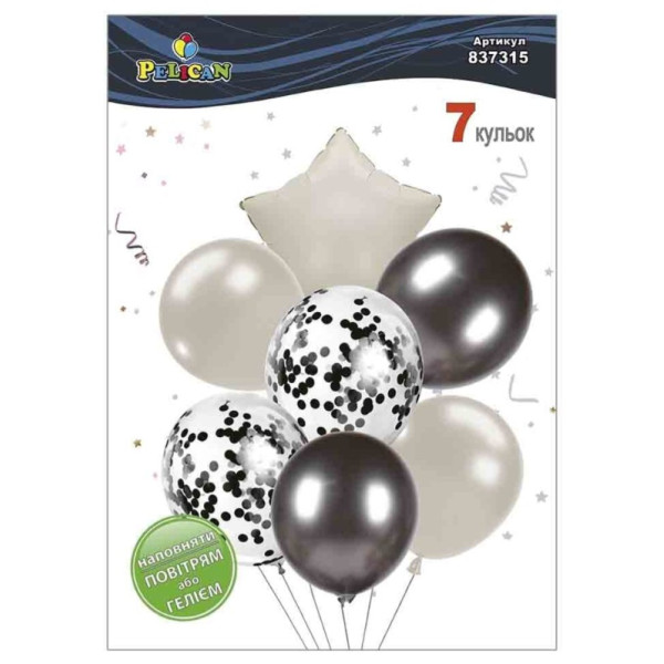 Кульки повітряні "Pelican" /837315/ латексні "Зірка, чорно- молочний мікс з хромом" 7шт/уп
