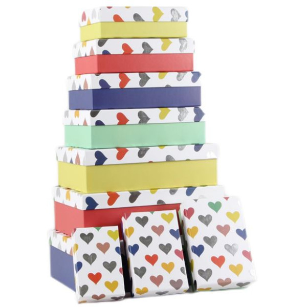 Gift box /271052/ rectangular "Colored hearts" 10 pcs/pack, 37x27x11-14x10x5 cm
