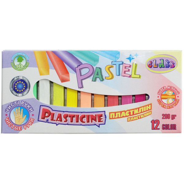 Plasticine "CLASS" "Clean hands" 12 pcs. /7653C/ 200g.PASTEL, ECO (1/60)