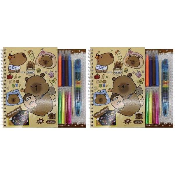 Set for creativity /E-3000-CB/ 2 black sheets + 3 colored sheets + 5 white sheets + 8 colored felt-tip pens + "Capybara" wax pencils 20*28 cm (1/12)