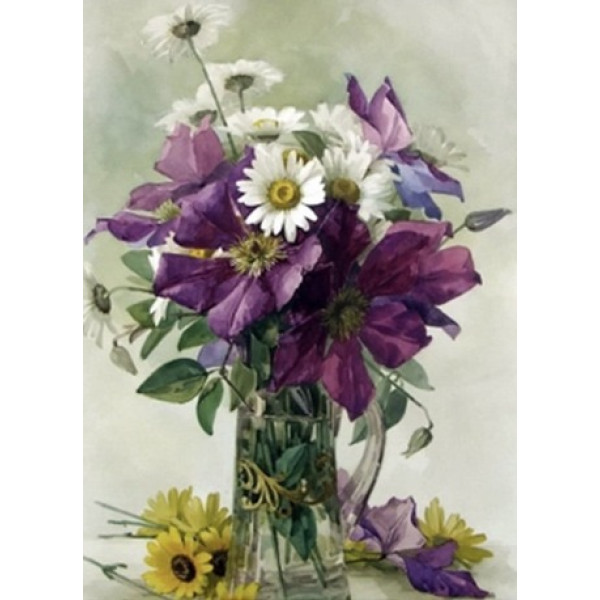 Diamond mosaic "Go to art" /189697/ "Large purple clematis and white daisies" 40*50 cm on a stretcher