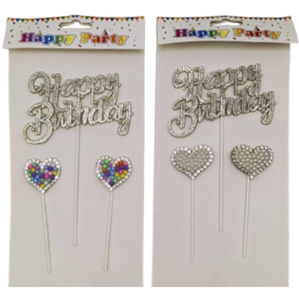 Cake topper 3D /215/ 3 pcs. "Happy birthday - rhinestones" 16 cm + 2 hearts (1/12)
