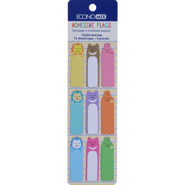 Index registers "Economix" /E20962-03/ PAPER, 15x50 mm, Fun Zoo, 135 pcs., 9 assorted colors (1/50/1000)
