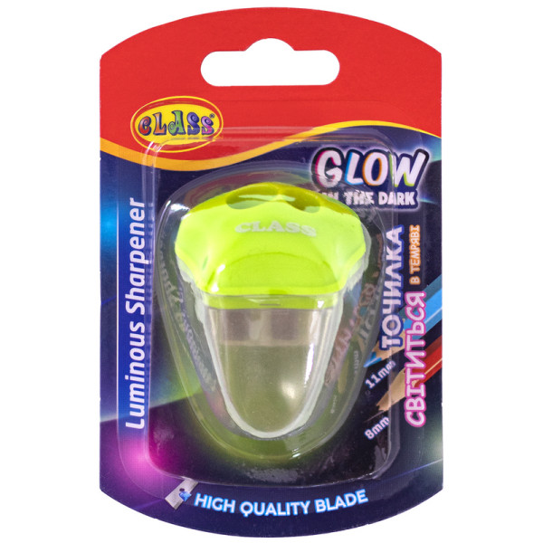 Sharpener "CLASS" /4818-1C/ plastic. with a container, 2 holes (8 and 11 mm), green, in a blister, "GLOWING" (12/144)