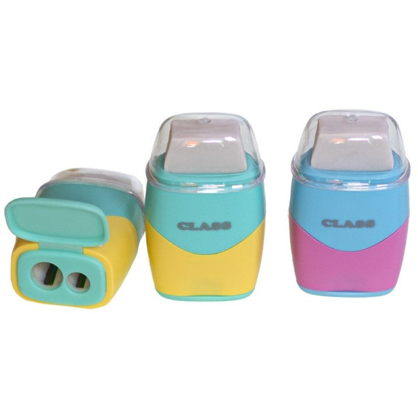 Sharpener "CLASS" /4800C/ plastic. with container and lid, + eraser, 2 holes (8 and 11 mm), mix, in display, "VIVID" (16/96)