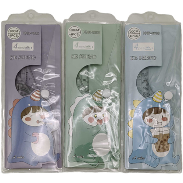 Set of rulers /2033/ 4 items. (line - 20 cm, triangle - 2 pcs., protractor) "Dinosaur" in conv. PVC (1/40)