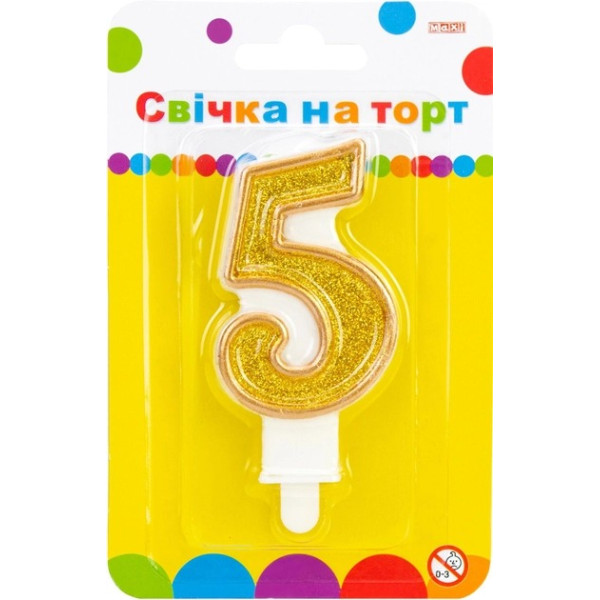 Свічка - цифра "Maxi" /MX622083-5/ "5" золотиста двостороння з блискітками 7,62см (1/24)