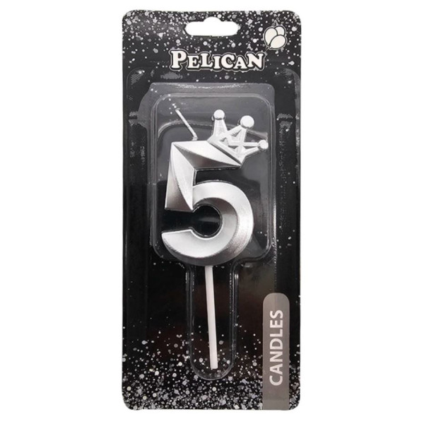 Свічка для торту "Pelican" /863115/ цифра 3D з короною "5", срібло 6см (1/12)