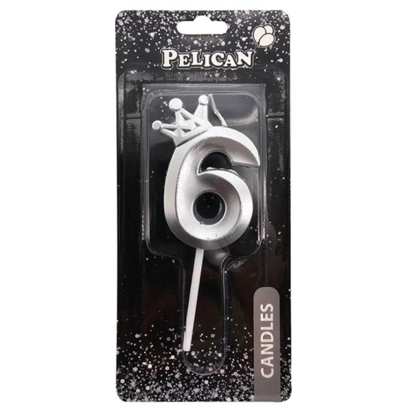 Свічка для торту "Pelican" /863116/ цифра 3D з короною "6", срібло 6см (1/12)