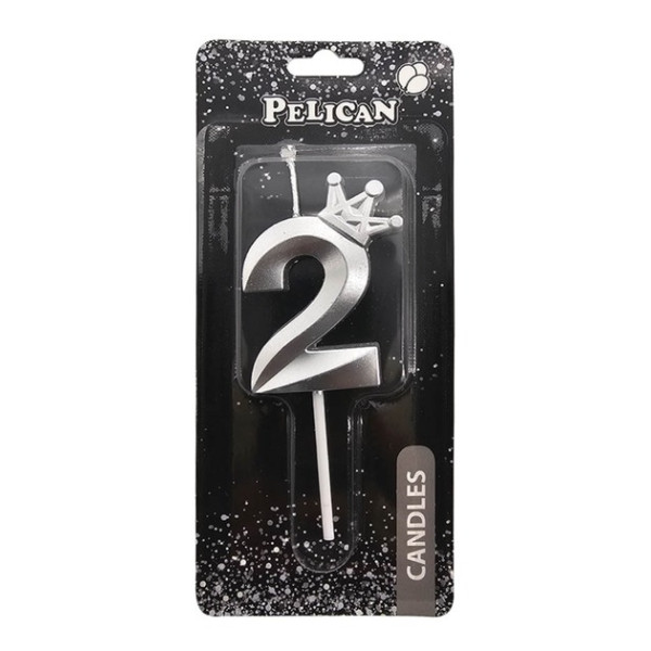 Свічка для торту "Pelican" /863112/ цифра 3D з короною "2", срібло 6см (1/12)