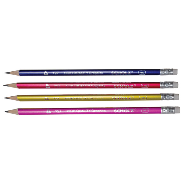 Graphite pencil "SCHOLZ" /127/ HB, with eraser, triangular, metallic (pack of 72 pcs. in a tube) assorted. (72/144/1728)