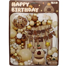 Фотозона з повітряних кульок /6124/"Happy birthday-Капібара 45см" 58шт.кулі,дощик,прапорці (1/10)