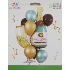 Набір повітряних кульок /1212-28/ фольговані "Cheers-келих, шампанське" 9шт.=2шт*90см+7шт.*30см блакитний, золотий