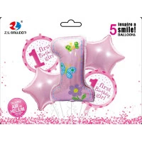 Набор воздушных шаров /1212-34/ фольгированный "First birthday-Girl" 5шт. = 1шт*80см + 4шт*45см