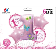 Набір повітряних кульок /1212-34/ фольговані "First birthday-Girl" 5шт. = 1шт * 80см + 4шт * 45см