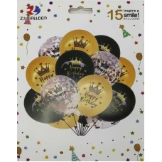 Набір повітряних кульок /1212-15-4/ 15шт.*30см "Happy birthday" рожеві,золоті,чорні