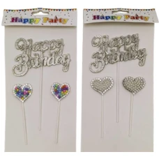 Топпер для торту 3D /215/ 3шт. "Happy birthday - стрази" 16см +2серця (1/12)