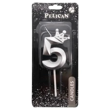 Свічка для торту "Pelican" /863115/ цифра 3D з короною "5", срібло 6см (1/12) Свічка для торту "Pelican" /863115/ цифра 3D з короною "5", срібло 6см (1/12)