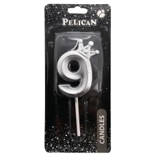 Свічка для торту "Pelican" /863119/ цифра 3D з короною "9", срібло 6см (1/12) Свічка для торту "Pelican" /863119/ цифра 3D з короною "9", срібло 6см (1/12)