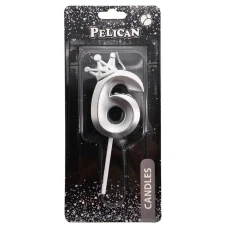 Свічка для торту "Pelican" /863116/ цифра 3D з короною "6", срібло 6см (1/12) Свічка для торту "Pelican" /863116/ цифра 3D з короною "6", срібло 6см (1/12)