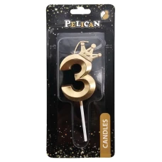 Свічка для торту "Pelican" /863103/ цифра 3D з короною "3", золото 6см (1/12) Свічка для торту "Pelican" /863103/ цифра 3D з короною "3", золото 6см (1/12)