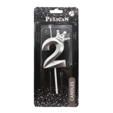 Свеча для торта "Pelican" /863112/ цифра 3D с короной "2", серебро 6см (1/12) Свеча для торта "Pelican" /863112/ цифра 3D с короной "2", серебро 6см (1/12)