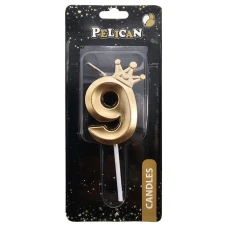 Свічка для торту "Pelican" /863109/ цифра 3D з короною "9", золото 6см (1/12) Свічка для торту "Pelican" /863109/ цифра 3D з короною "9", золото 6см (1/12)