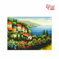 Картина на картоні з контуром "ROSA START" 30*40 Морські пейзажі № 2 "Море, буд., гори, квіт.і кущі" /607/ БЕЗ ФАРБ