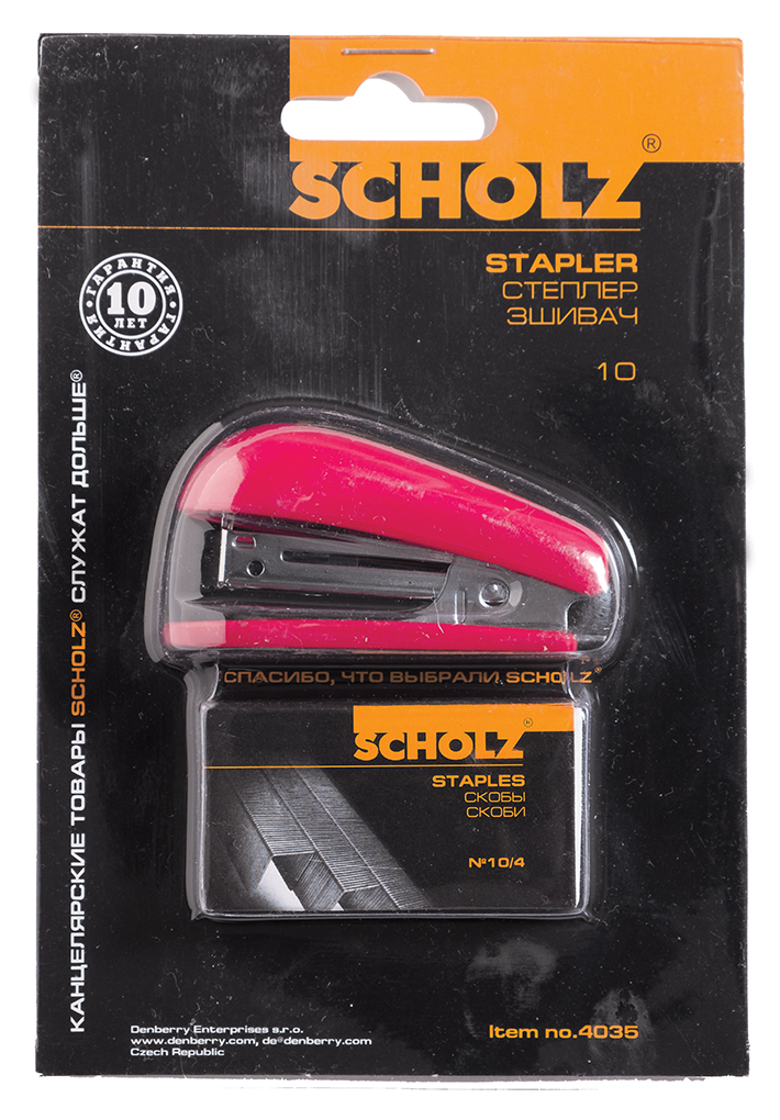 Степлер № 10, +1000 скоб, 8 арк. "SCHOLZ" 4035, 20мм, МІНІ, Червоний (1/24)