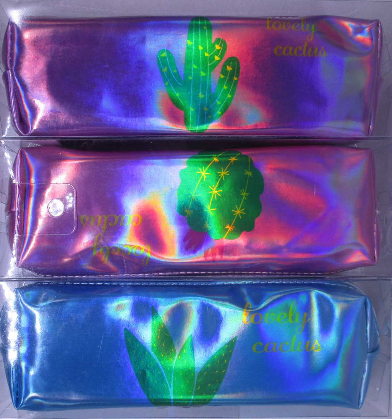 Holographic cosmetic pencil case. /533-4/ "Cactus" 3 versions, PVC pack (1/12)