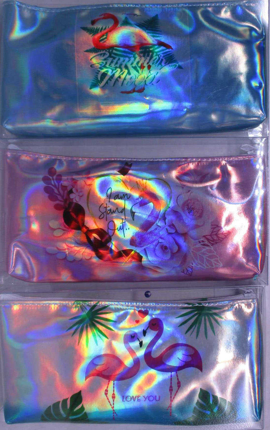 Pencil case-cosmetic.holographic.-shuttle /527-2/ "Flamingo" 3 versions, pack.PVC (1/12)