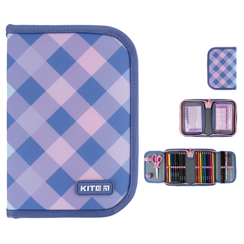 Pencil case "Kite" /K24-622H-3/ 1 compartment, 2 compartments, with filling 622H Purple Checker (67040) (1/42)