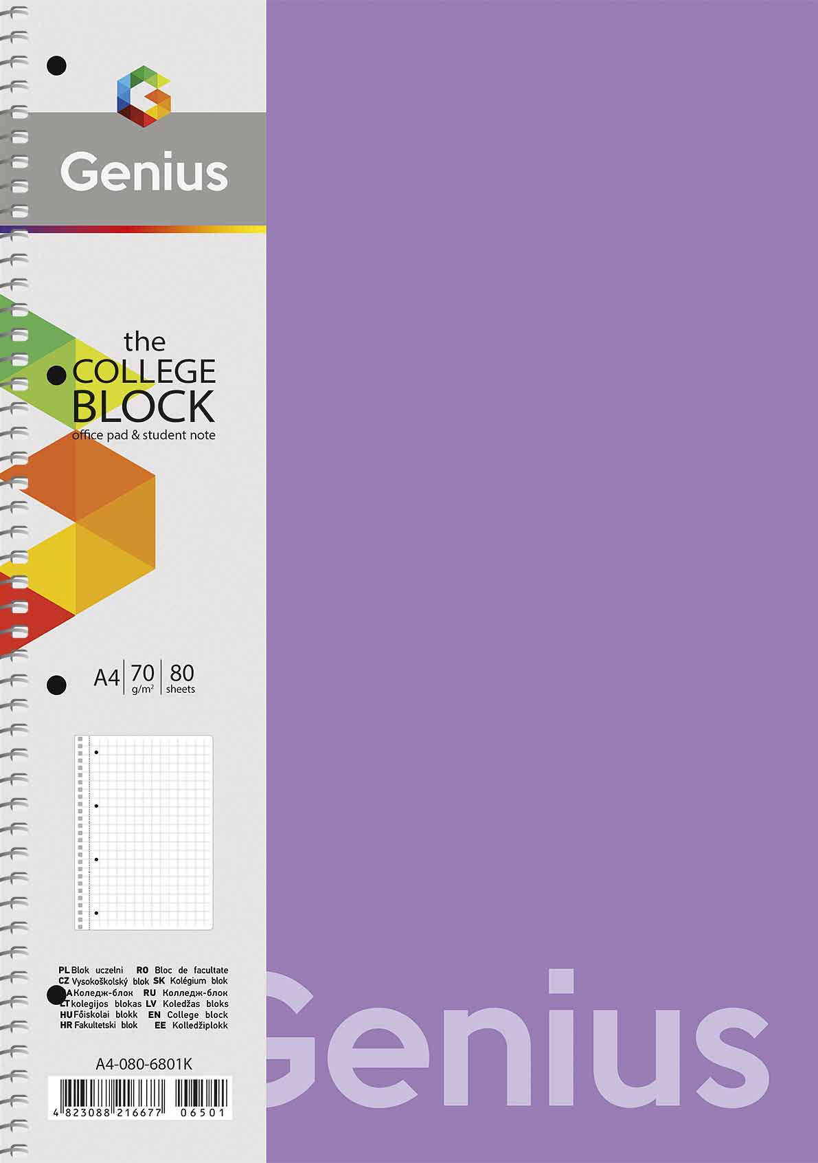 Notebook A4/80 sheets. "Genius" spiral /A4-080-6803L/ == plastic 0.5 mm, 70 g/m2, rounded corners (4/40)
