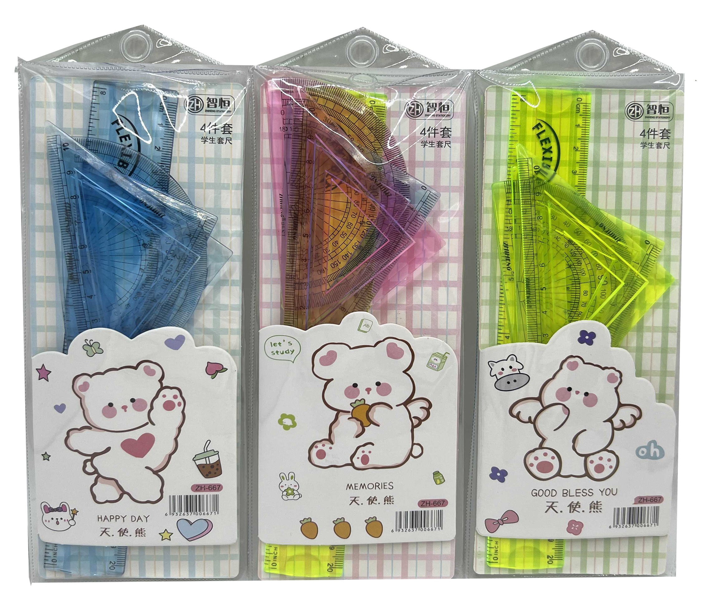 Set of rulers /ZH-667/ 4 items. non-breakable (line - 20 cm, triangle - 2 pcs., protractor) "White Bear" in PVC package (1/30)
