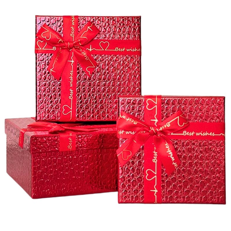 Gift box /271008/ red square, embossed 3 pcs/pack, 19.5x19.5x9.5-15.5x15.5x6.5 cm
