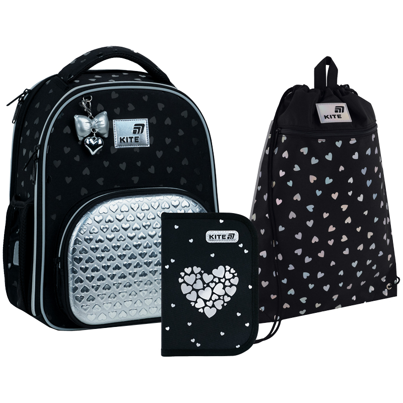 "Kite" set /SET_K26-556M-2/ backpack + pencil case + shoe bag 556 Black&Silver (1/4)