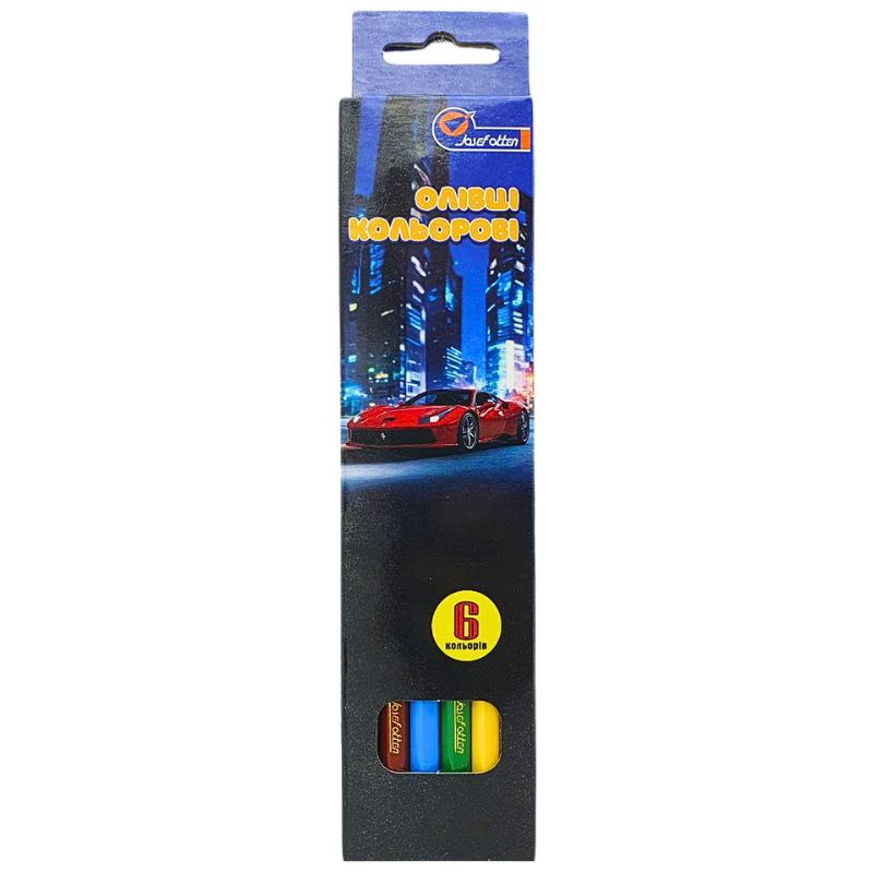 Colored pencils "JO" 6 col. /7303-6A_1/ wood "Sportcar" packaging cardboard (1/24/480)