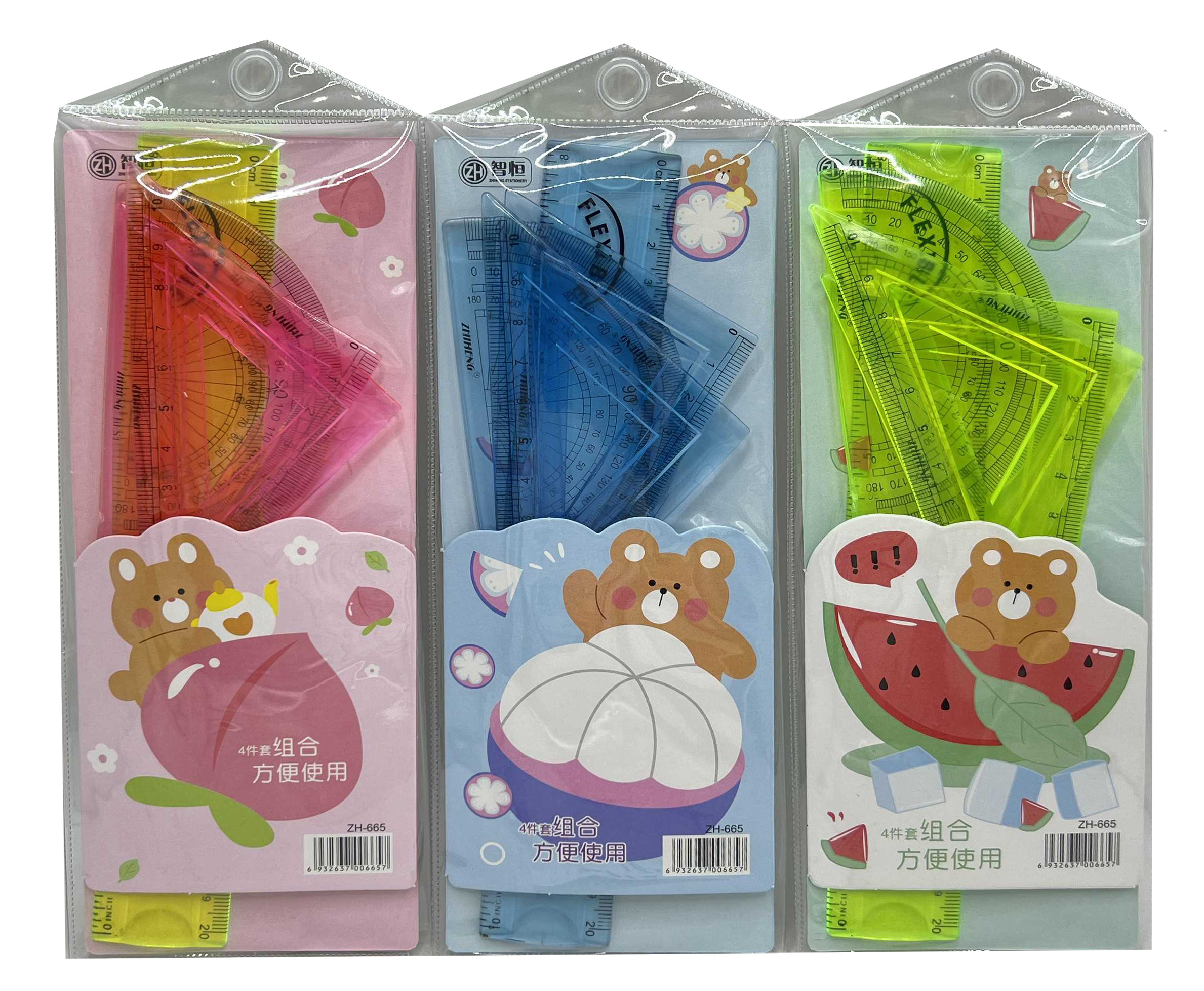Set of rulers /ZH-665/ 4 items. puzzle (line - 20 cm, triangle - 2 pcs., protractor) "Bear with fruits" in a PVC package (1/30)