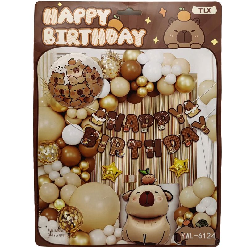 Фотозона з повітряних кульок /6124/"Happy birthday-Капібара 45см" 58шт.кулі,дощик,прапорці (1/10)