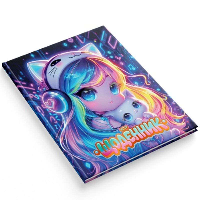School diary "Soft Touch" TV broadcast. /1B3543/ select UV varnish, embossing "Anime with a kitten" (1/20)