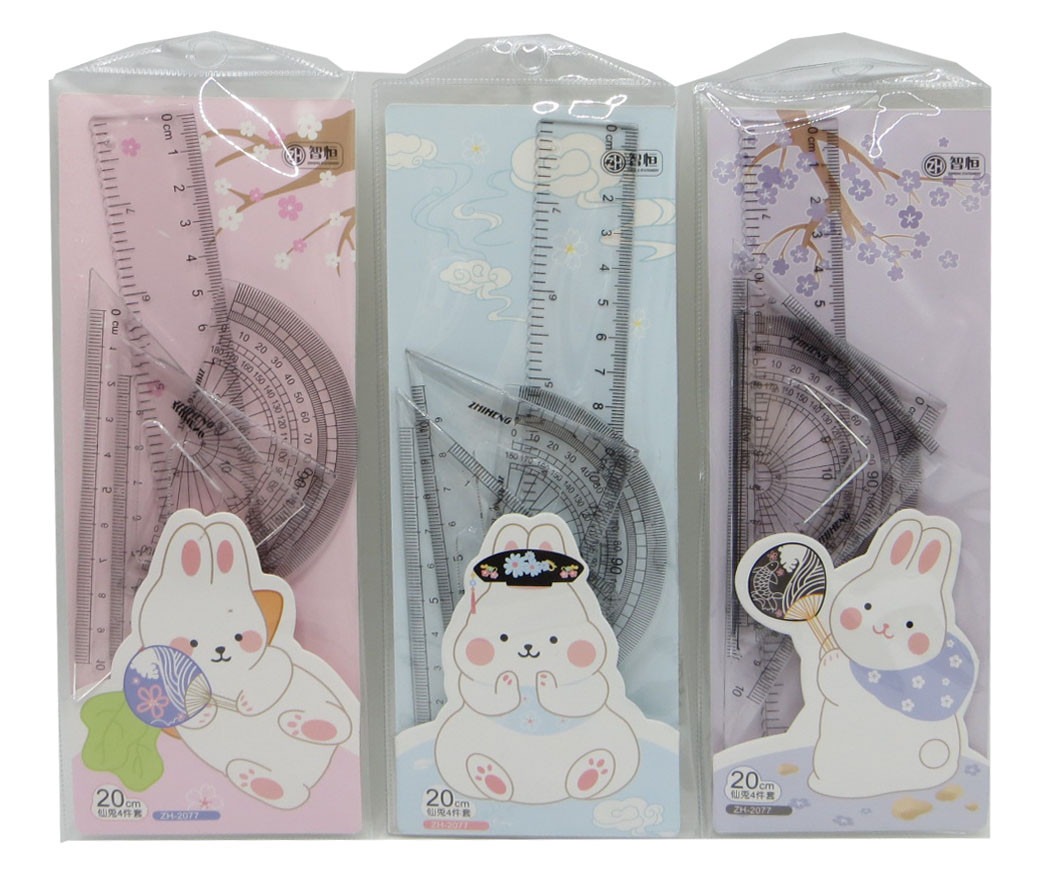 Set of rulers /ZH-2077/ 4 items (ruler - 20 cm, triangle - 2 pcs., protractor) "Bunny" PVC (1/40)
