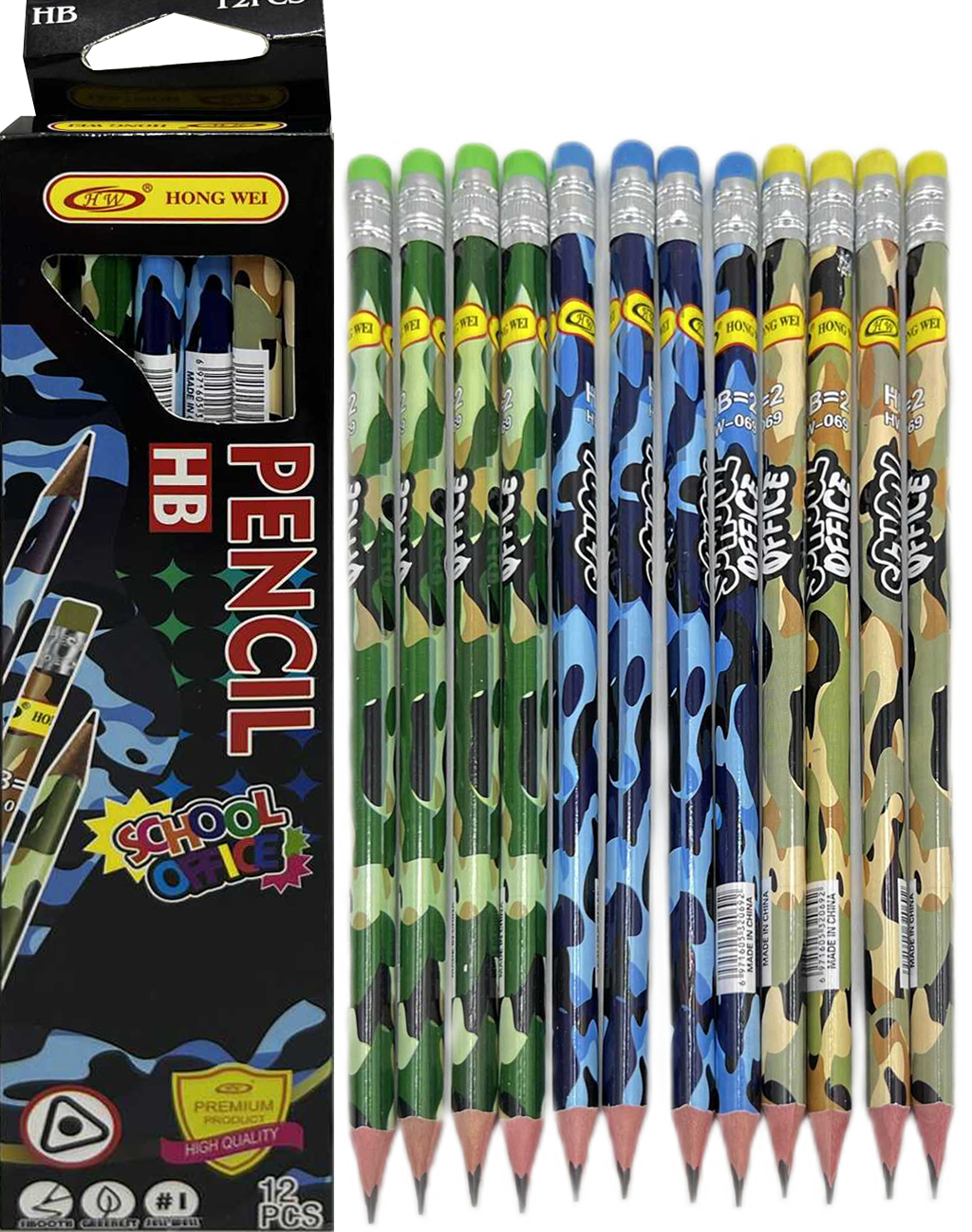 Pencil h/g /HW-069/ HB with eraser "Camouflage" three-sided 12 pcs./pack. (1/12/240)