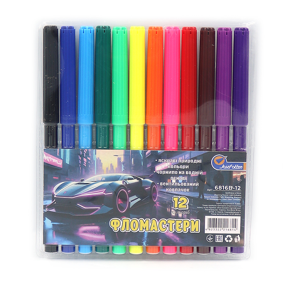 Felt-tip pens "JO" 12 pcs. /6816-12B/ with vent. colp "Sportcar" in rigid PVC (1/12/192)