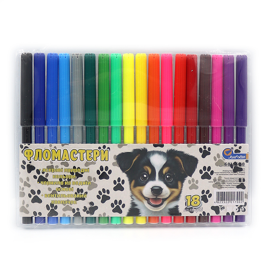 Felt-tip pens "JO" 18 col. /6816-18R/ 68165-18/ with vent. colp "Dog" in hard PVC (1/12/144)