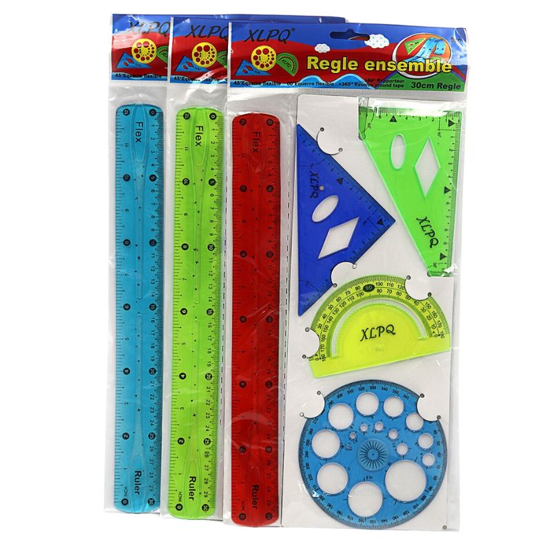 Set of silicone rulers "JO" /DSCN1614/ colored, 5 pieces: 2 triangles, 2 protractors, ruler 30 cm, mix (1/12)