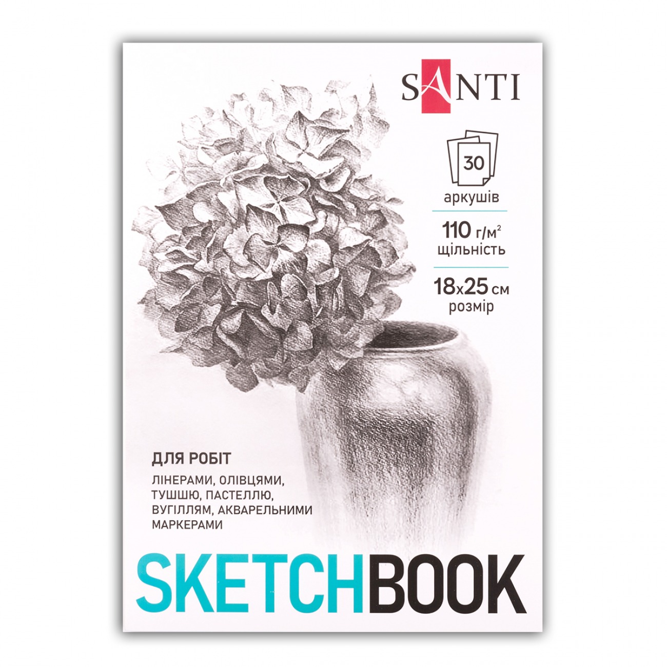 Sketchbook 18x25 cm/30 sheets. "SANTI" /743200/ "Flowers" glue, 110g/m2 (1/15/30)