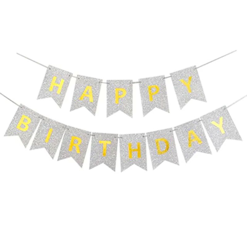 String garland, flags /13022-2/ "Happy birthday" 12*16cm-5m, silver (1/12)