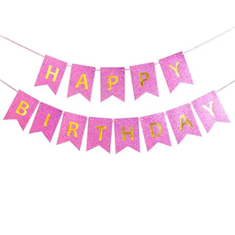 String garland, flags /13022-3/ "Happy birthday" 12*16cm-5m, pink (1/12)